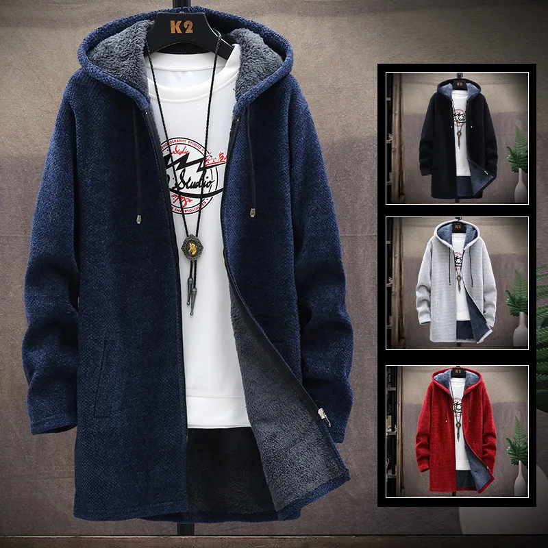 Autumn And Winter New Men\'s Hooded Knit Cardigan Velvet Thickening Sweater Fashion Sweater Korean Coat