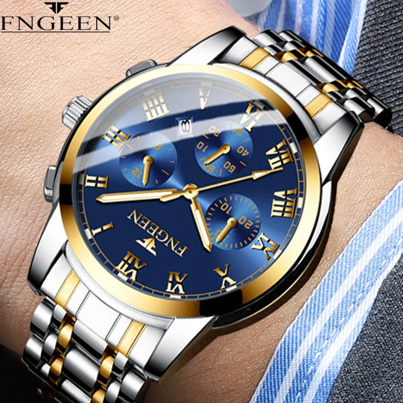 FNGEEN Top Brand Luxury Men Watches Waterproof Date Clock Male Steel Strap Casual Quartz Watch Sports Business Men Wrist Watch