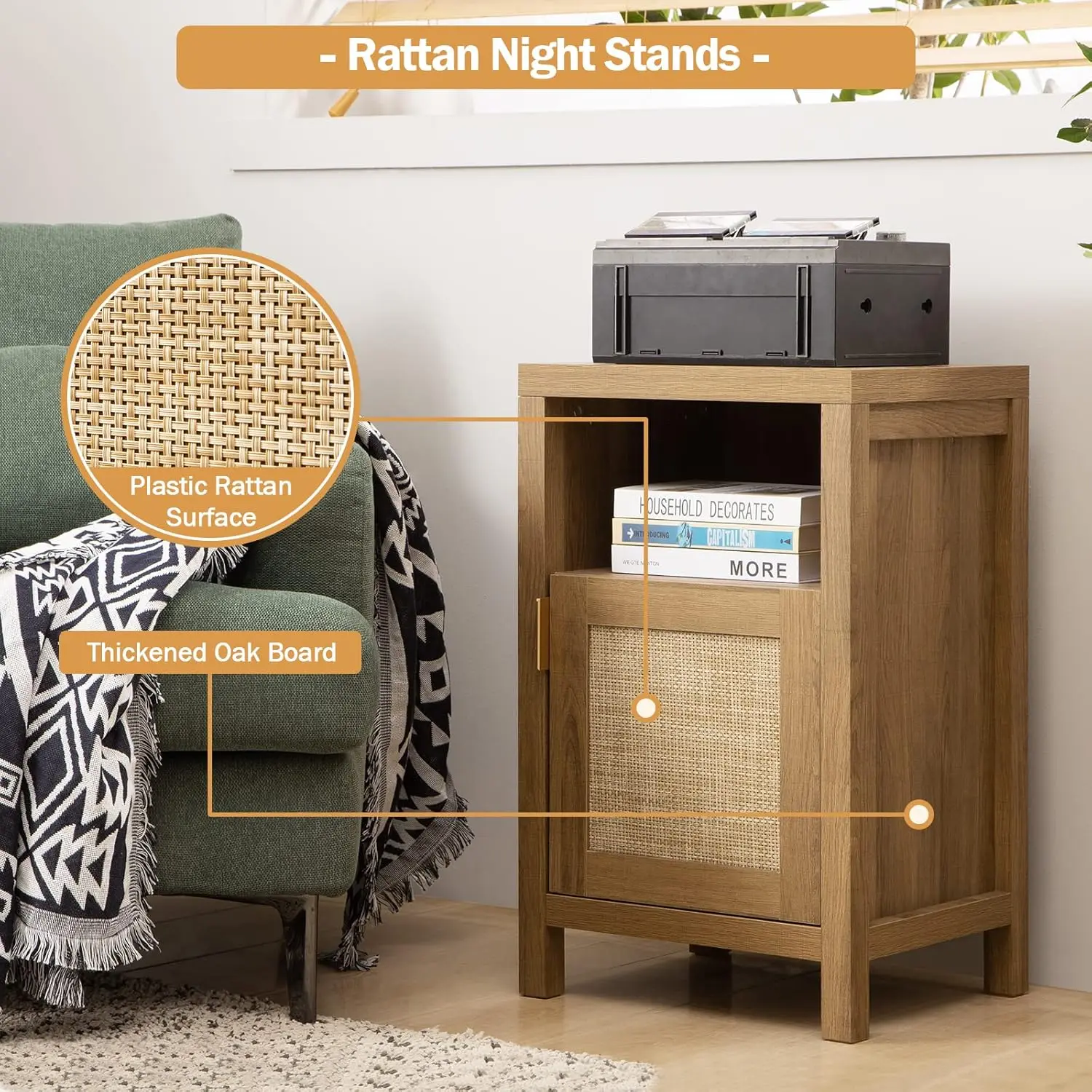 Alto Rattan Nightstand Set, Farmhouse mesa de cabeceira, mesa final Boho com gaveta, armazenamento no quarto, conjunto de 2