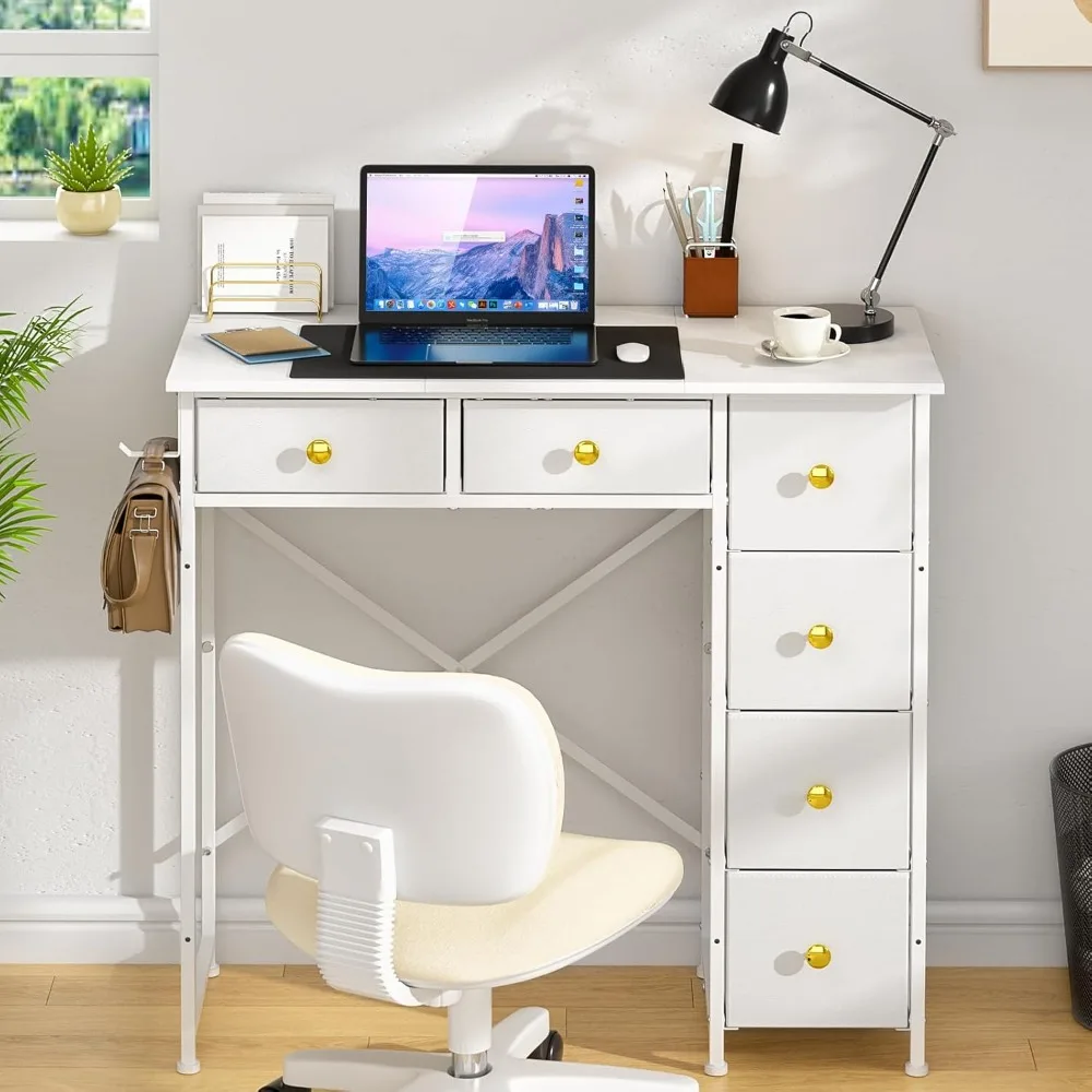 

Small Computer Desk with 6 Drawers, 32 Inches Work Table for Home Office, Writing Desk with Storage, Compact Study Desk for Smal