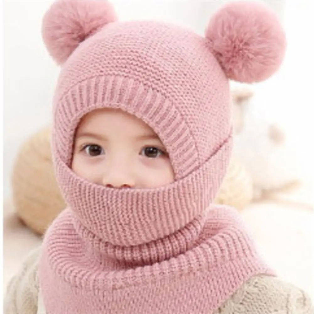 Soft Double Warm Bear Ears Hats Winter Baby Knit Cap Hat Scarf Children's Hood Caps Beanie Hat