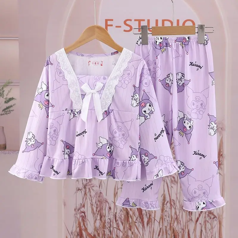 

Kawaii Sanrio Kuromi Long Sleeve Pajamas with Cartoon Patterns for Children Spring and Fall Princess Style Pajamas for Girls