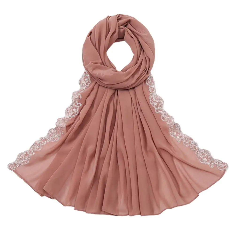 Moda bordado Lace Hijab Bolha Chiffon Cachecol Muçulmano Xaile Liso Macio Turbante Cabeça Wraps Headband Foulard Casamento Hijab