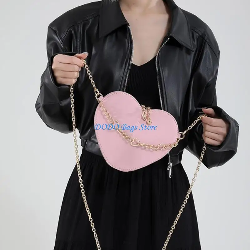 

E8FB Elegant Heart Shaped Crossbody Bag PU Leather Shoulder Bags with Chain Strap Travel Satchel Suitable for Women Girls