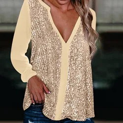 Sequin Blouse Women Sexy V-neck Soild Glitter Long Sleeve Casual Streetwear Female Blouse Tops Club Party Wear Elegant Shirts