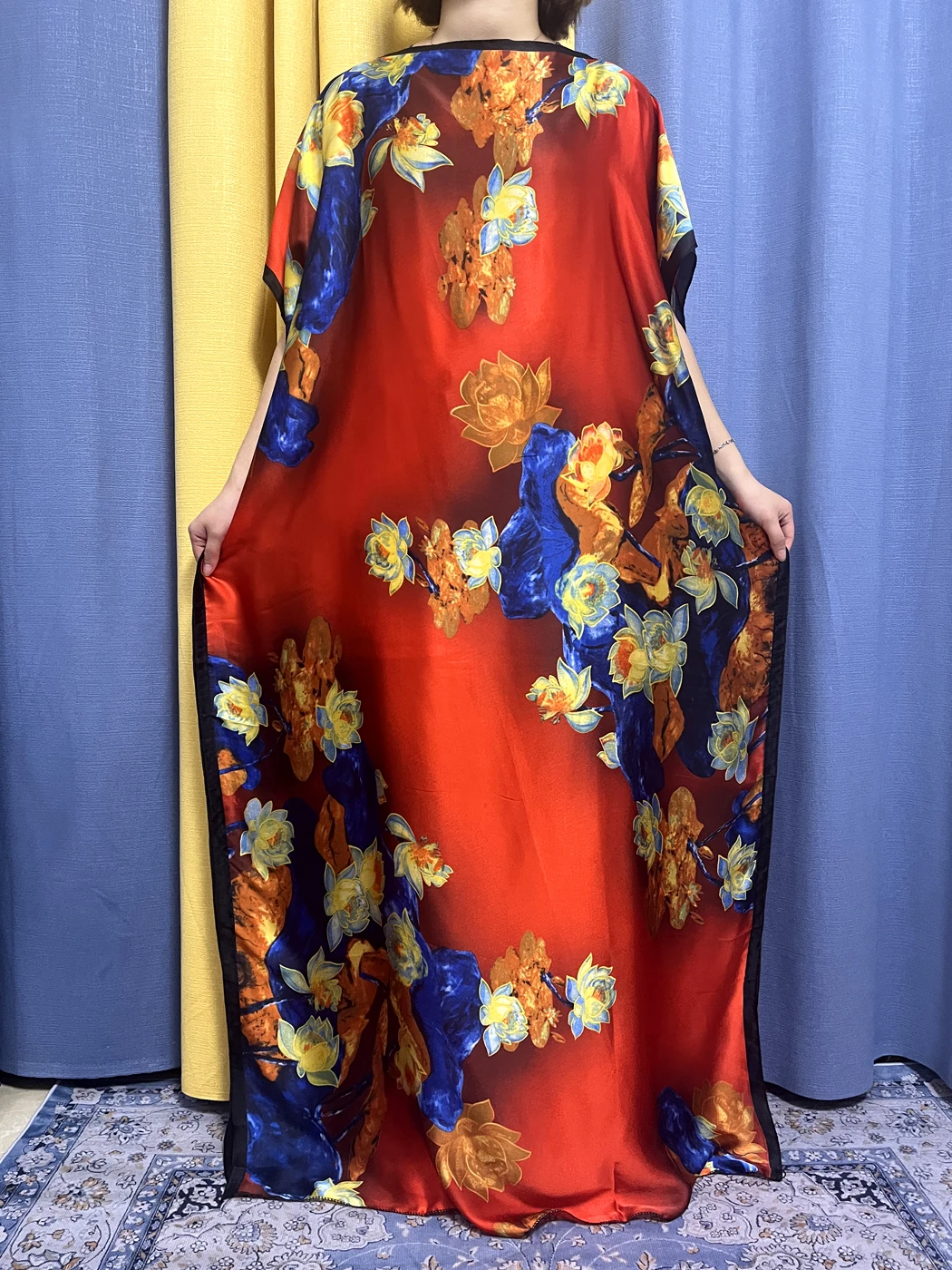 Abayas For Women 2023 Muslim Red Flower Silk Fabric Summer Loose Femme Robe African Islam Dresses Moroccan Caftan With Turban