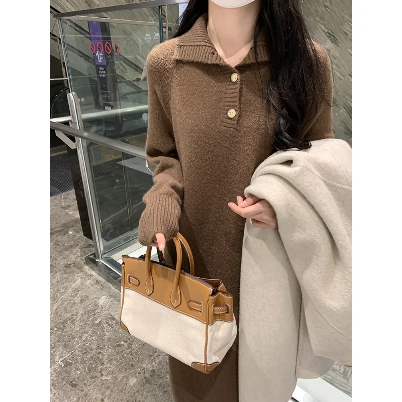 Nowa dzianinowa sukienka na jesień i zimę, luźna i swobodna, długi sweter zapewniający ciepło i wyszczuplanie, idealnie dopasowana do sukienki wewnętrznej.