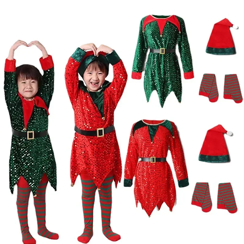 Weihnachten Santa Claus Kleid für Mädchen Jungen Elf Cosplay Neujahr glänzende Pailletten grün rot Kleidung Weihnachten Socken Hut