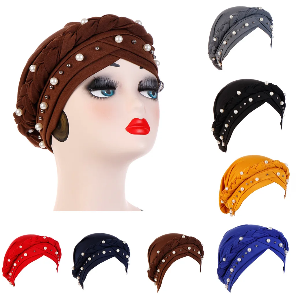 

New Muslim Hijabs for Women Soft Fabric Headscarf with Flower Pattern Suitable Beading White Black Hats Slight Strech Caps