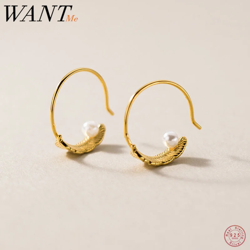 

WANTME 925 Sterling Silver Synthetic Pearl Romantic Feather Earrings for Women Fashion Statement Gold Curved Earhook Jewelry