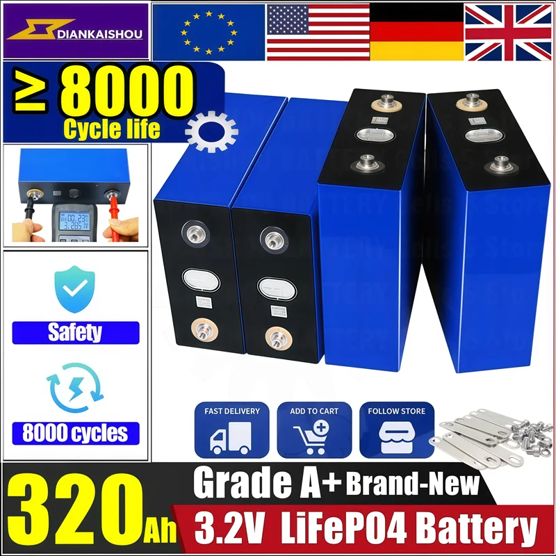 

LiFePo4 Battery 320AH A-Class 8000 Cycles 3.2 V DIY 12 V 24 V 48 V Solar System Lithium Iron Phosphate Battery Control Free