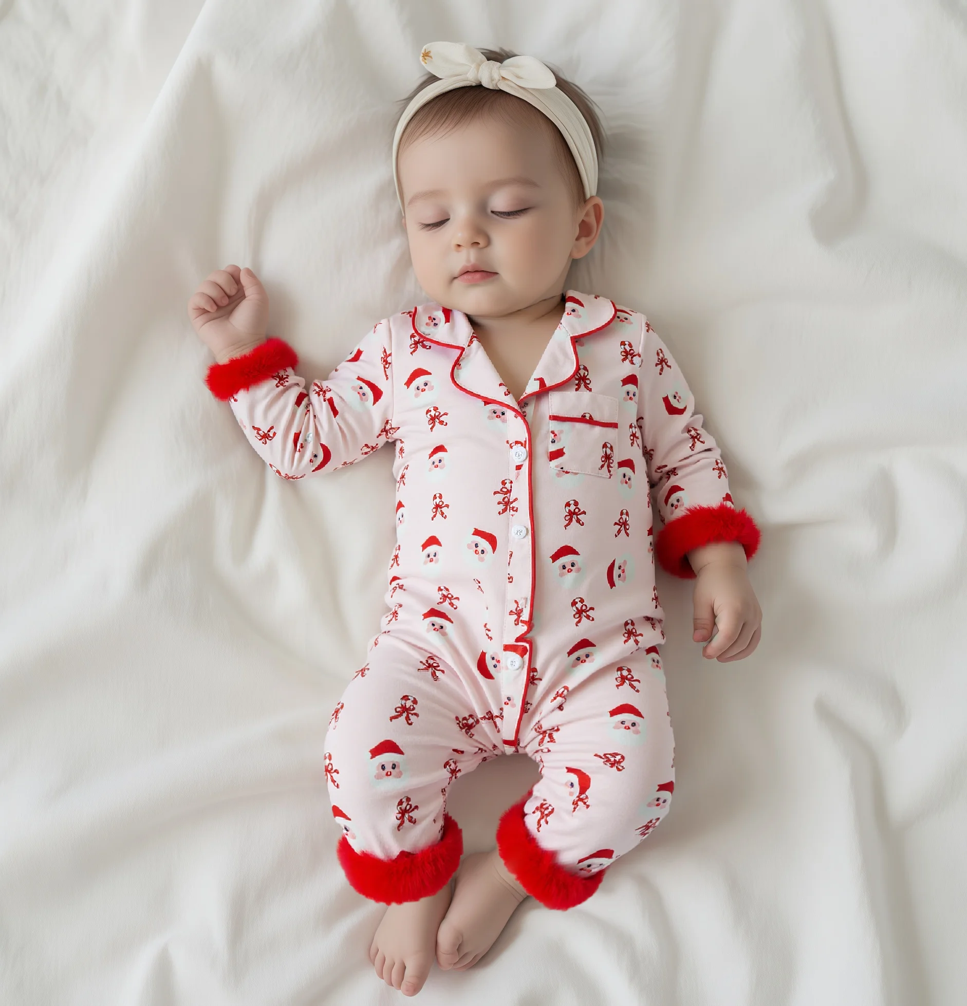 

Baby Clothing Girls Christmas Pajamas, Long Sleeve Santa Claus Candy Cane Print Furry Patchwork Jumpsuit Sleepwear Loungewear