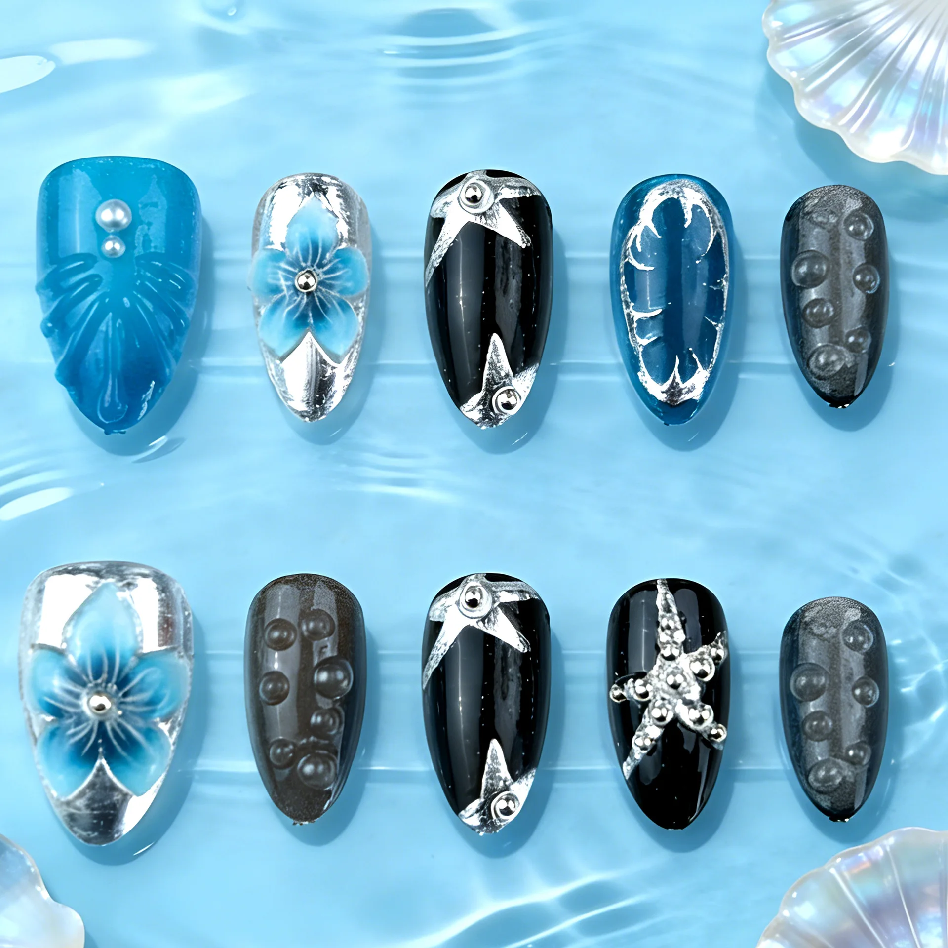 24Pcs Blue Almond False Nails Sets Press on Sweet Fashion Gilded Full Cover Flower Design Fake Nails French Reusable Manicure