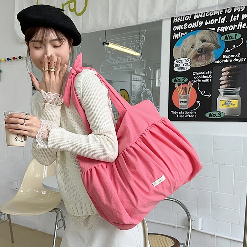 

Pleated Skirt Tie Shoulder Bag Sweet Women's Shopping Tote Bags Canvas Female Vest Bag Tote Handbags Purse