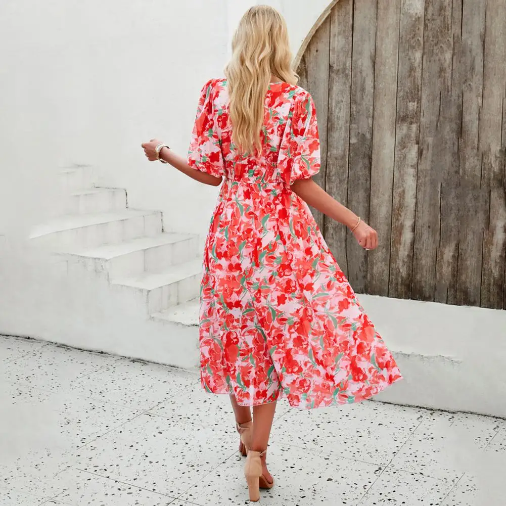 

Summer Long Dress Printed Dress Colorful Print V Neck Midi Dress for Women High Waist A-line Vacation Beach with Loose Hem