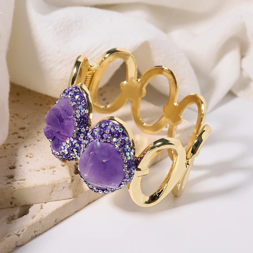 

Boho Filigree Wide Cuff Bracelet | Multi-Color Amethyst Mud Inlay 18K Gold Plated | Openwork Festival Jewelry Stackable Gift