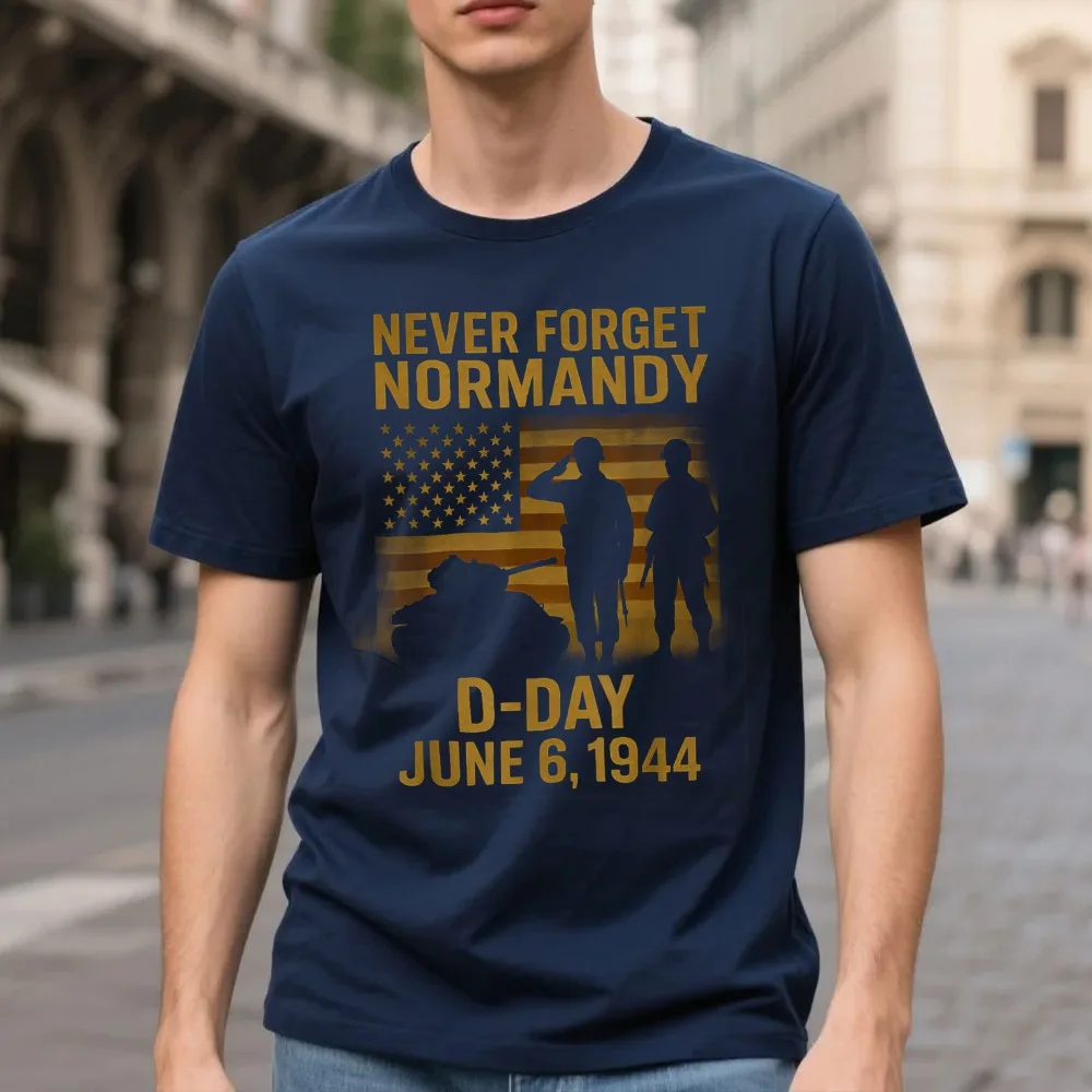 Vintage Never Forget Normandy D-Day T-Shirt Flag Soldier Silhouette Print Shirt Patriotic Memorial Unisex Tee Men Summer Tops