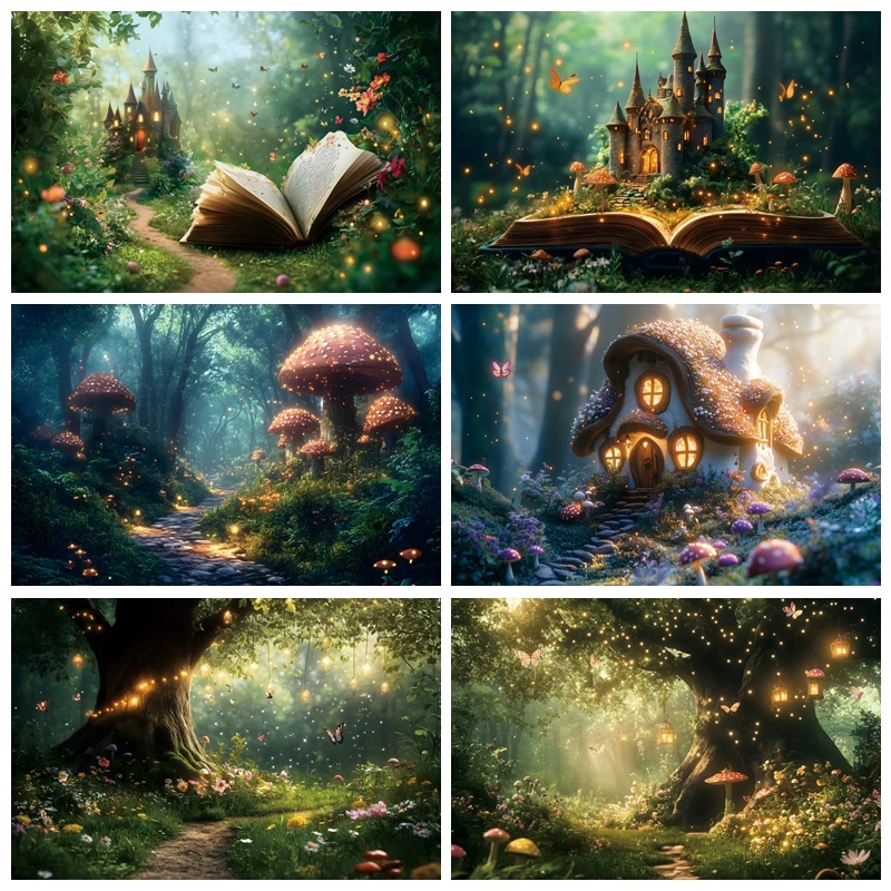 Dreamy Spring Photography Backdrop Fairy Tale Green Forest Castle Book Butterfly Mushroom Party Decor Portrait Photo Props