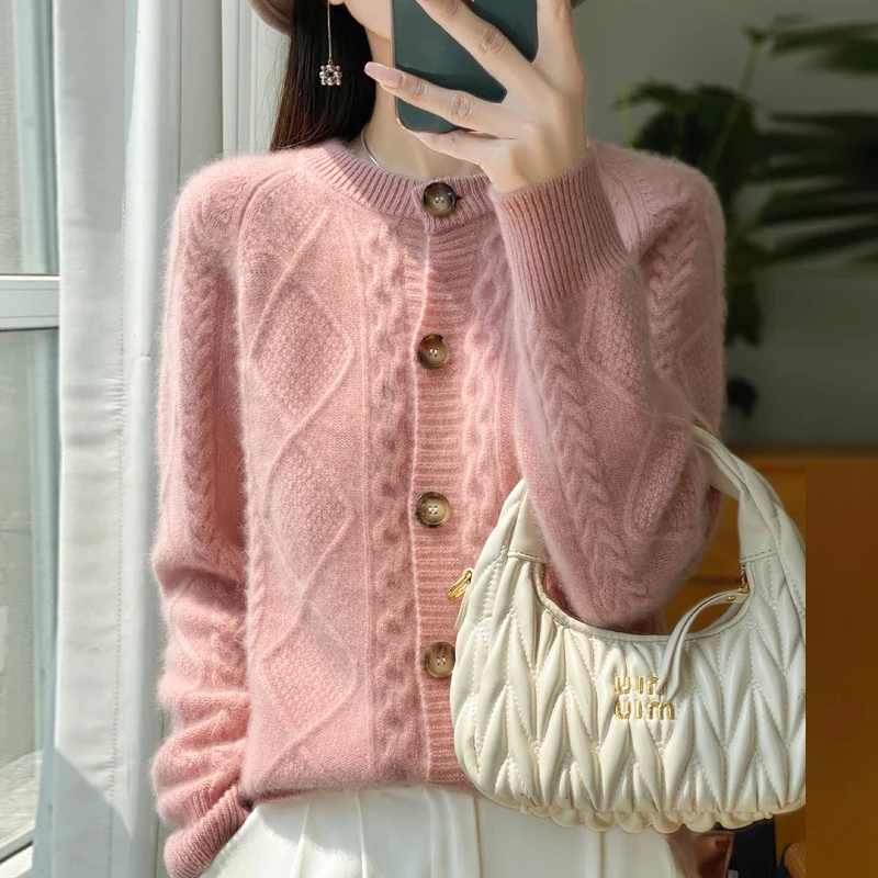 Women Autumn Winter Cashmere Sweater Thick Cardigan 100% Merino Wool O-Neck Knitwear Female  Soft Casual Rhombus Knitting Top