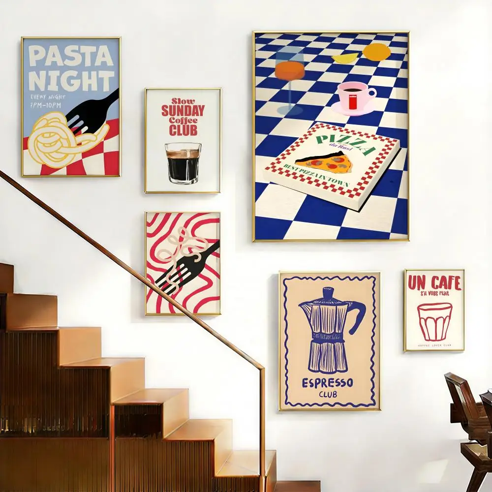 Modernes, trendiges Retro-Vintage-Poster mit Pasta-, Kaffee- und Espresso-Motiv, HD-Kunst, selbstklebend, wasserfest, für Zuhause, Wohnzimmer, Schlafzimmer, Bar