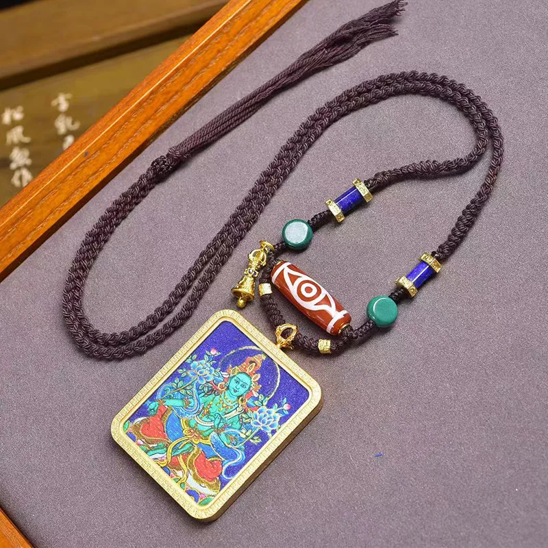 

Handmade woven rope necklace, adjustable, Tibetan-style cultural item, with a Buddha , thangka, and green Tara pendant, s