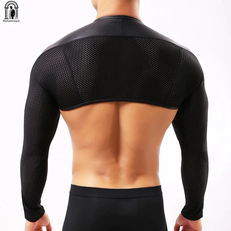 High Quality Men Long Sleeves Arm Shapers Tops Back Shoulder Faux Leather Tops For Men Sexy Men Mesh Cut Out Shrug Crop Top