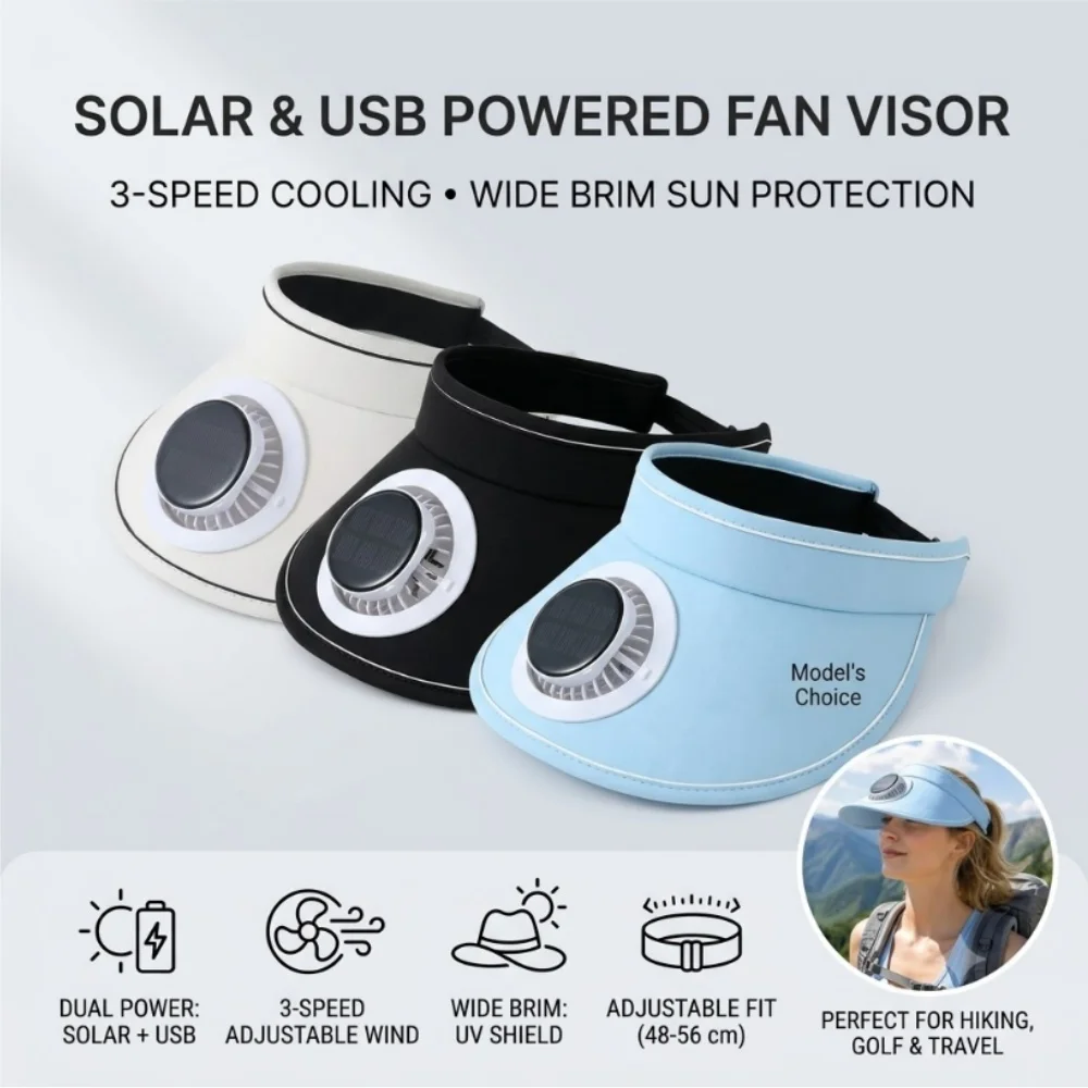 Universal Solar USB Fan Visor Hat Wide Brim UV Protection Cooling Open Top Cap for Summer Outdoor Beach Travel Sports