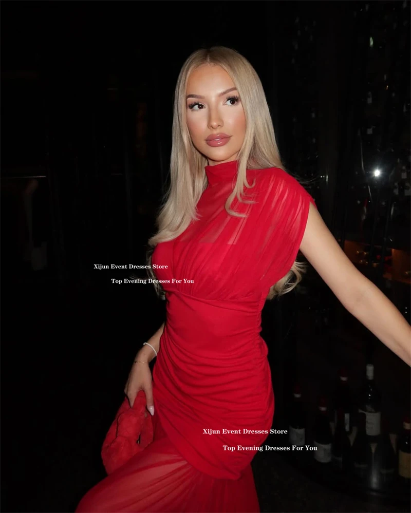 Xijun Sexy Red Chiffon Long Evening Dresses Sleeveless Mermaid Birthday Party Dresses Pleated High Collar Prom Gowns Customize - Image 2