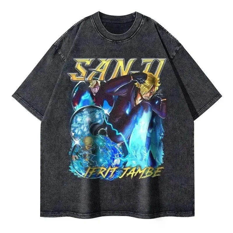 

Футболка из хлопка с принтом в стиле японского аниме ONE PIECE, ретро-футболка из стираного хлопка с короткими рукавами для мужчин и женщин, футболки Y2K в стиле Харадзюку