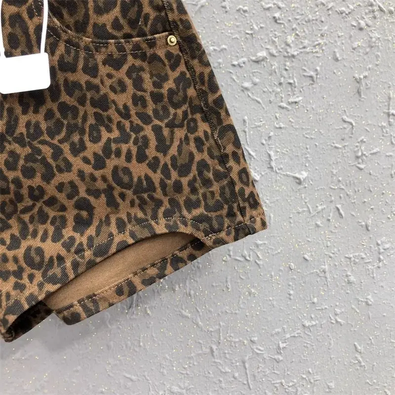 Leopard Print High Waist Denim Shorts Women's New Irregular Fashion Wide-leg Pants Booty Shorts Jeans