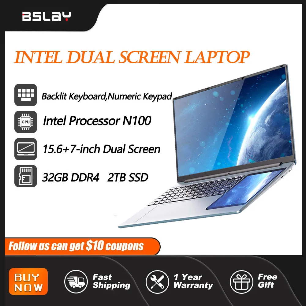 Ordenador portátil de 15,6 + 7 pulgadas, Intel N100, 32GB, DDR4, 2TB, SSD, Teclado retroiluminado, pantalla de 1920x1080, 5400 mAH, desbloqueo por huella dactilar, 180 °