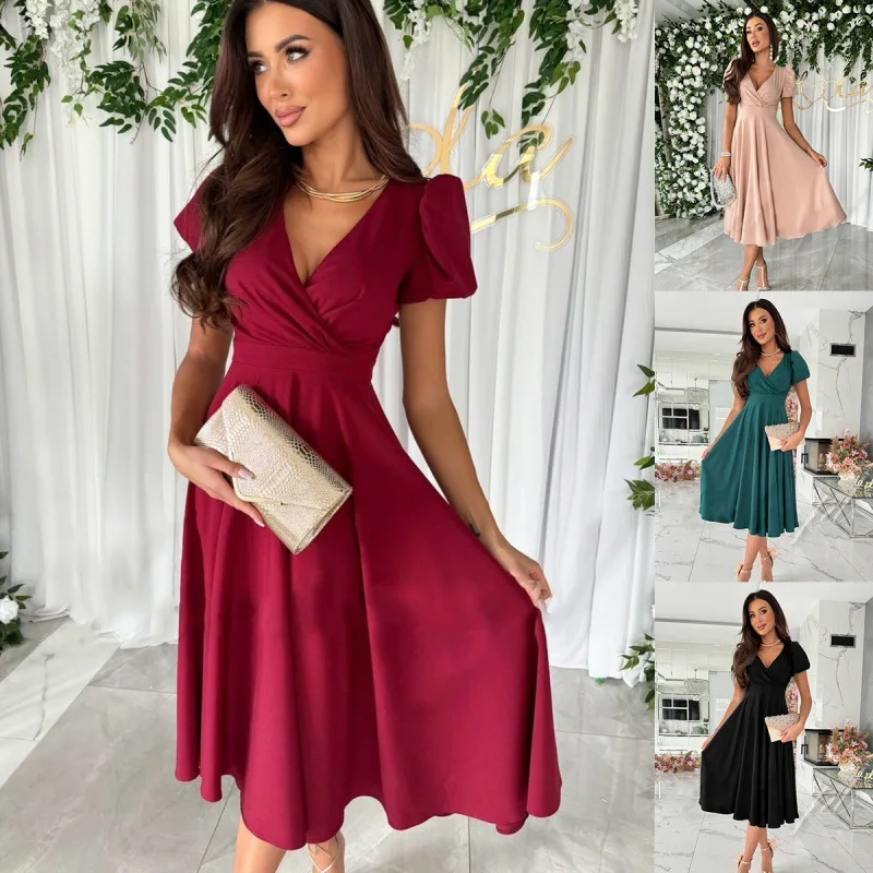 

European and American new commuter solid color V-neck waist bubble sleeve big pendulum dress