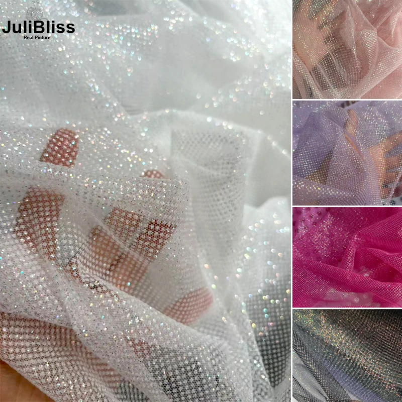 Tela de tul con purpurina blanca brillante, malla de encaje brillante multicolor para vestido de graduación, vestido de boda, decoración de fondo de fiesta