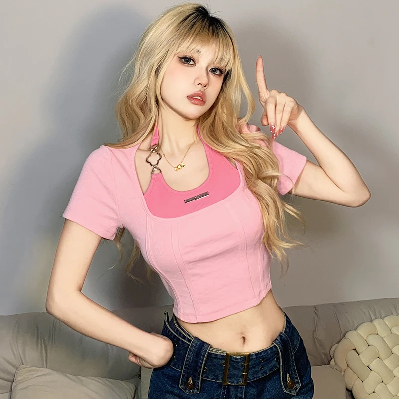 달콤하고 매콤한 스타일 반팔 티셔츠 여성 여름 상큼한 숏 기장 배꼽 노출 탑 라운드 넥 출퇴근 한국 버전