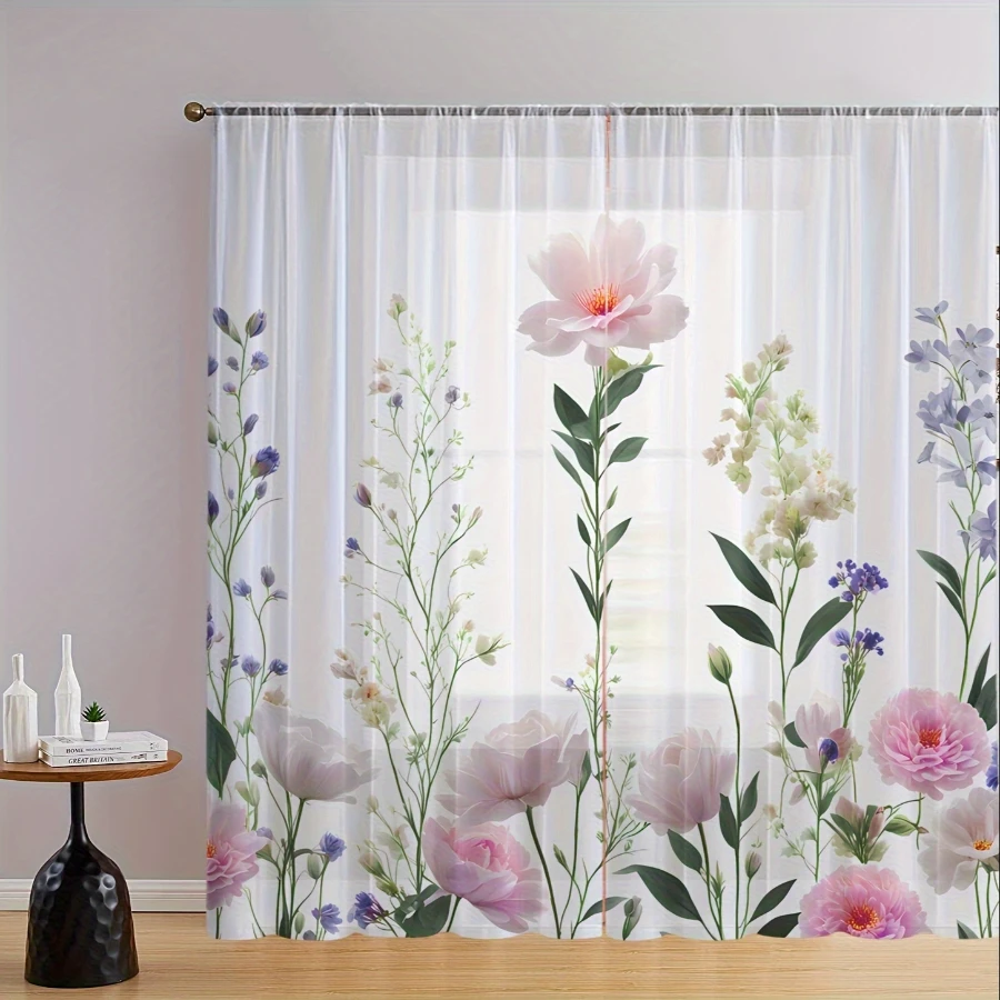 2PCS Digital Print Sheer Curtains, Whisper Among Flowers Pattern, Fresh Literary Style for Living Room Bedroom Window Decor