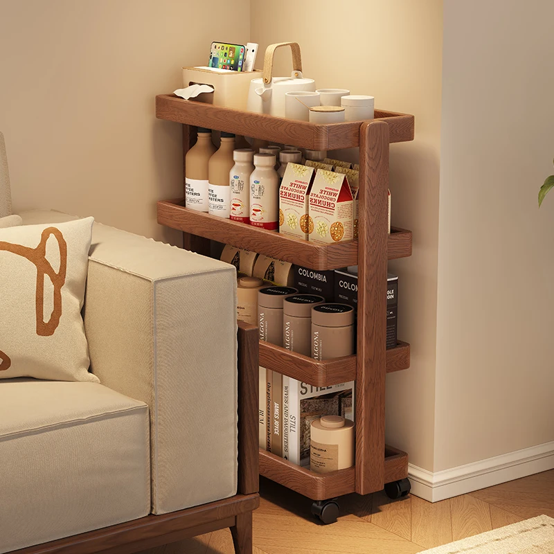 Solid wood storage rack, sofa side table, sandwich small cart, movable floor-to-ceiling storage cabinet is simple