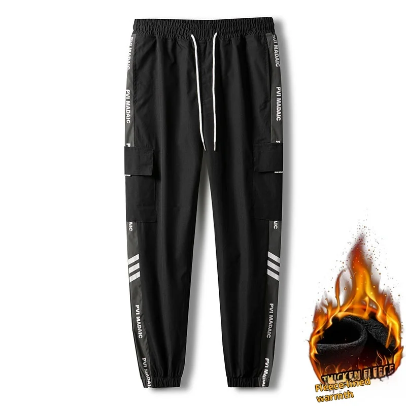 

Цельные мужские осенние и зимние утолщенные модные брендовые брюки-карго на флисовой подкладке с буквами, повседневные брюки для бега с несколькими карманами, длинные брюки в полоску с цветными блоками, длинные брюки в уличном стиле, модная мужская одежда