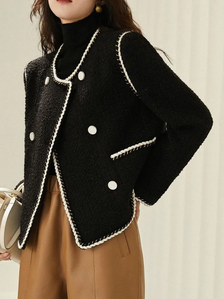 Women Tweed O-neck Cropped Jackets Tops Korean Vintage Double Breasted Coats Fall Winter Classic Long Sleeve Loose Abrigos New