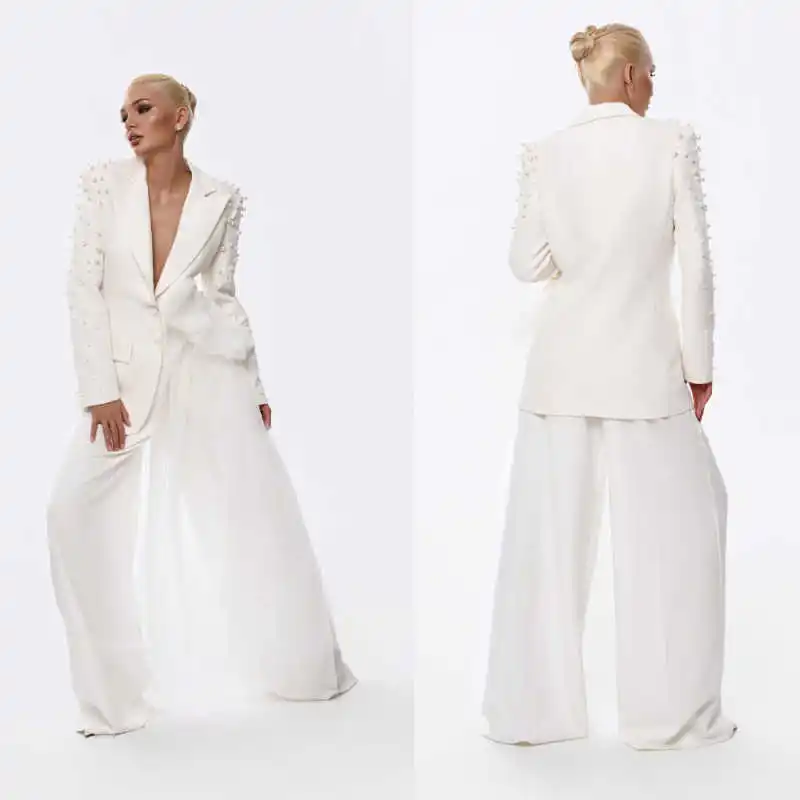 Wedding Women Pants Suits 2 Pieces Ladies Wear Pearls Beads Blazer Prom Birthday Party Customized Blazer Jacket