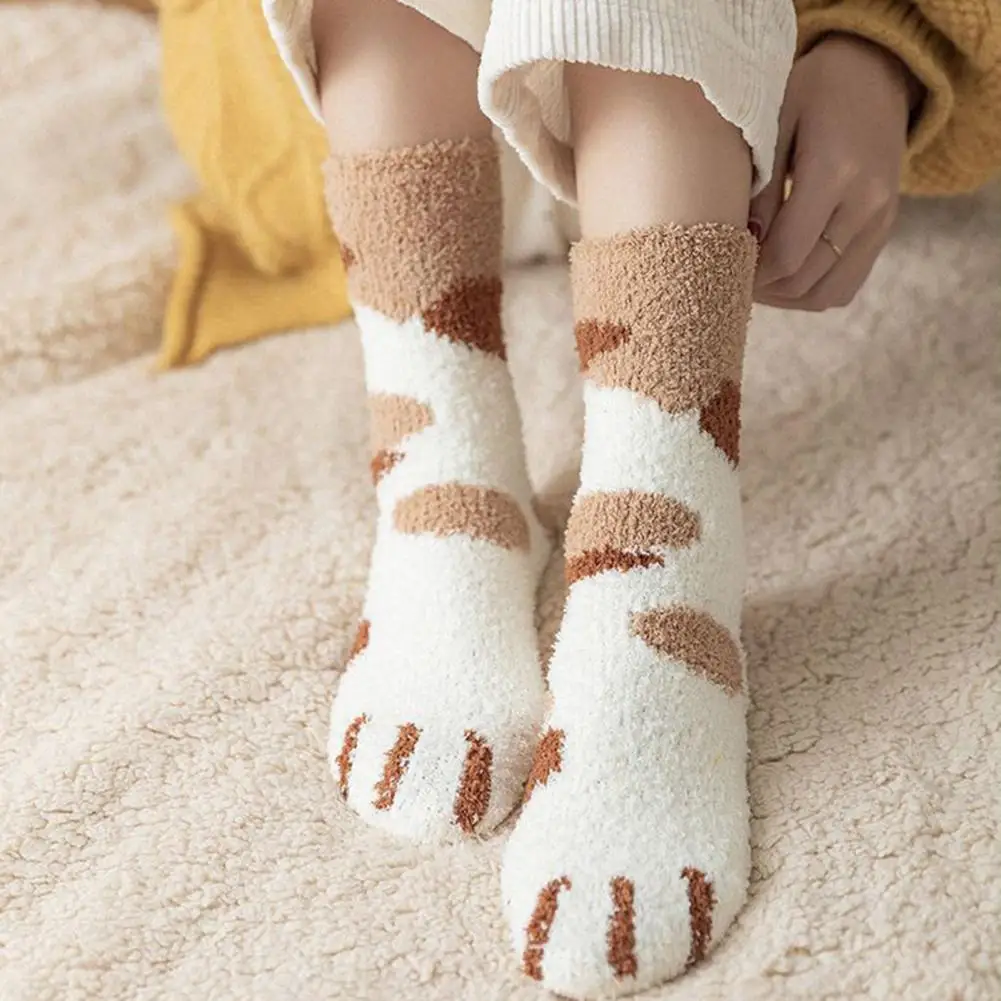 

5 Pairs Of Women's Socks Thick Coral Velvet Cartoon Cat Claw Shape Middle Tube Elastic Non-slip Warm Everyday Family Socks