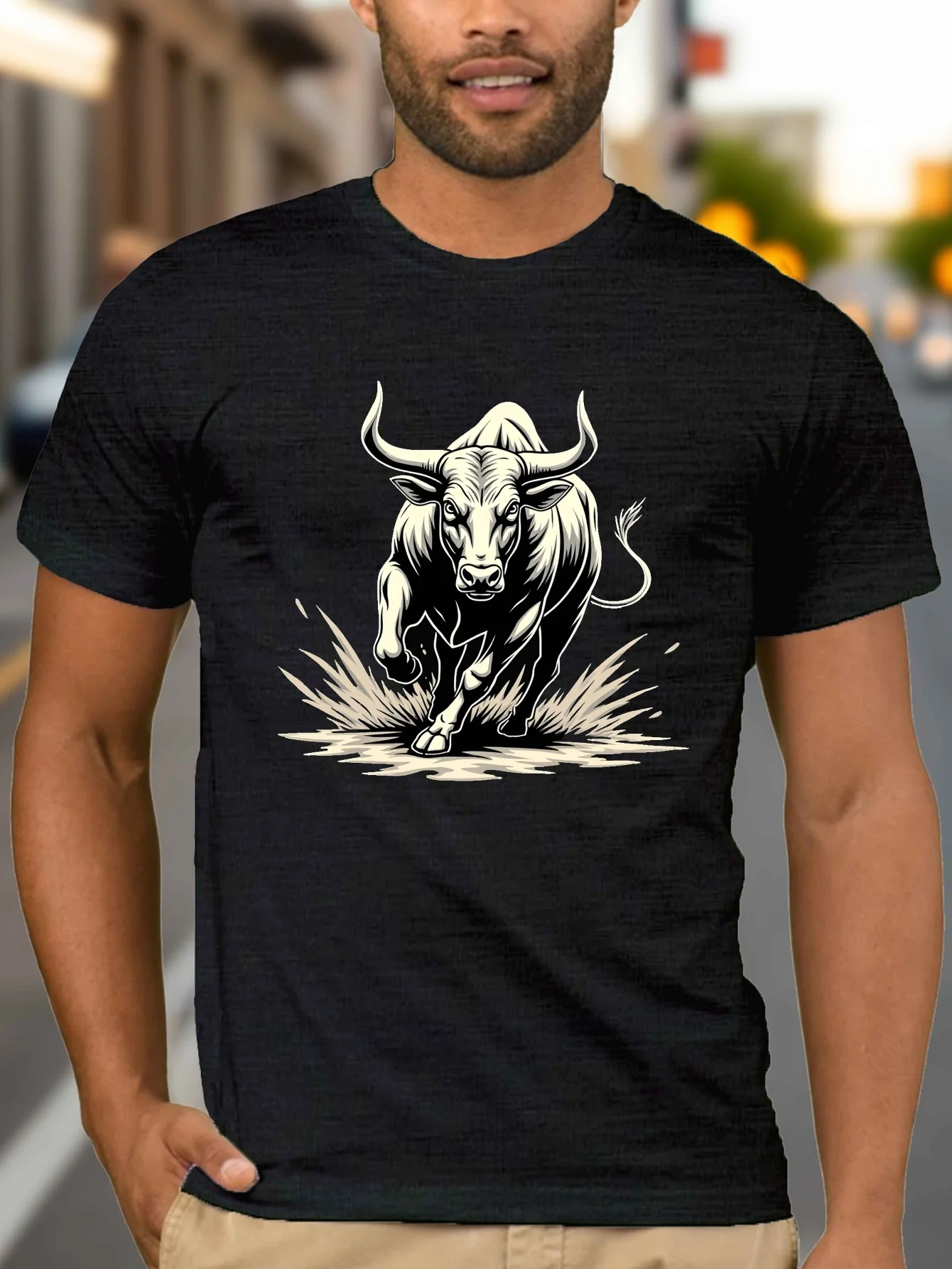 Camiseta gráfica Charging Bull para hombre, diseño geométrico en blanco y negro audaz, tela 100% transpirable, camiseta informal de verano de ajuste Regular