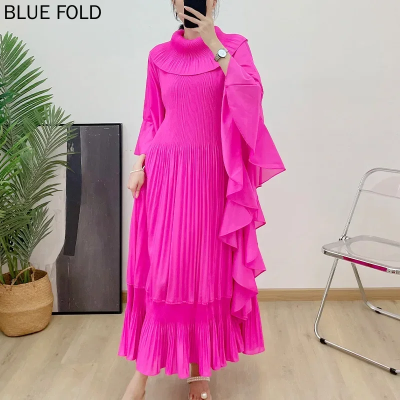 

MIYAKE PLEATS Dress Autumn Women's High-end Fashion Temperament Large Lapel Loose Large Size Ruffle Sleeve Pleated Long Dress