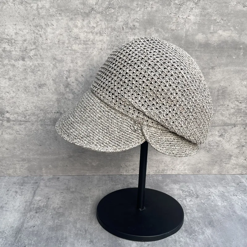 Women's Summer Hollow Out Reversible Wide Brim Straw Beret Newsboy Slim Cap