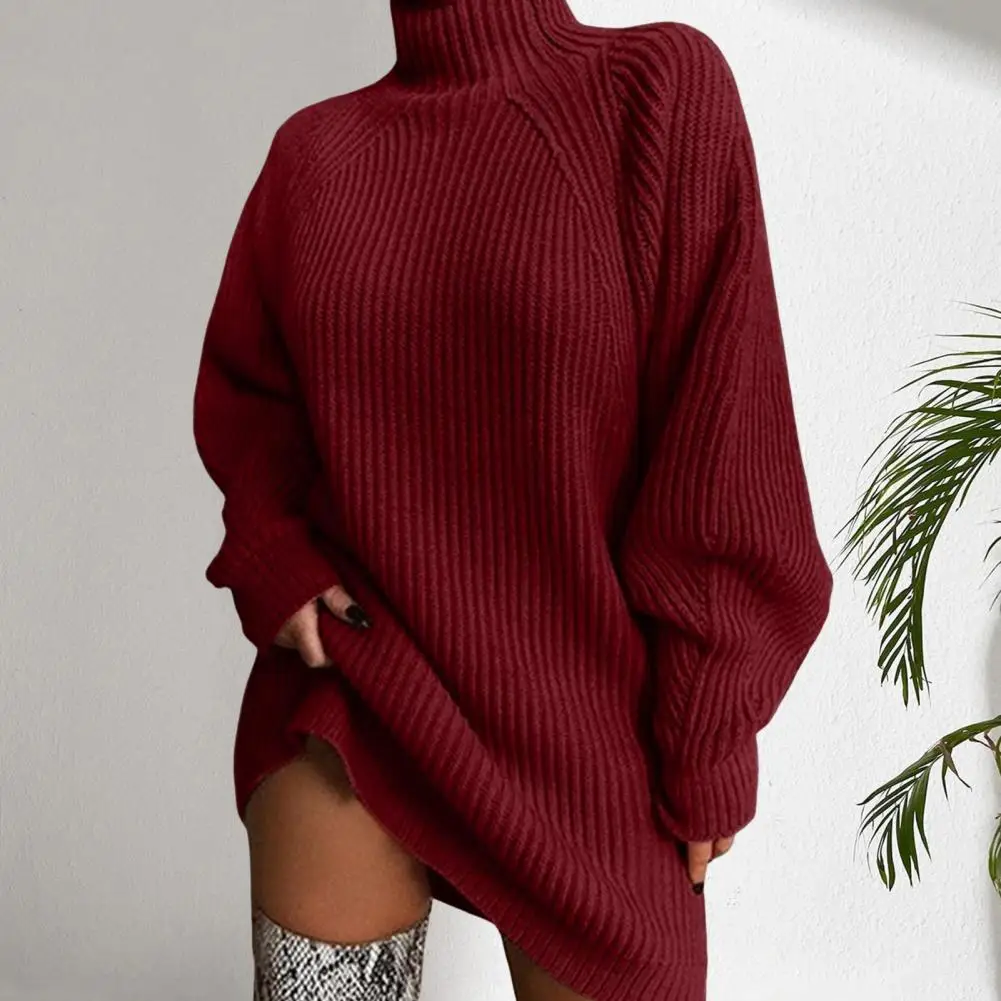 Solid Color Sweater Dress Half High Collar Raglan Long Sleeve Loose Fit Knitting Dress Autumn Winter Mini Dress Knitwear