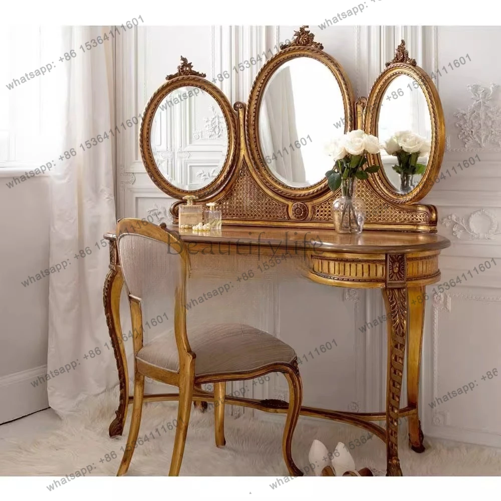 High-end furniture custom French dresser French retro engraved gold makeup table and chairs combination