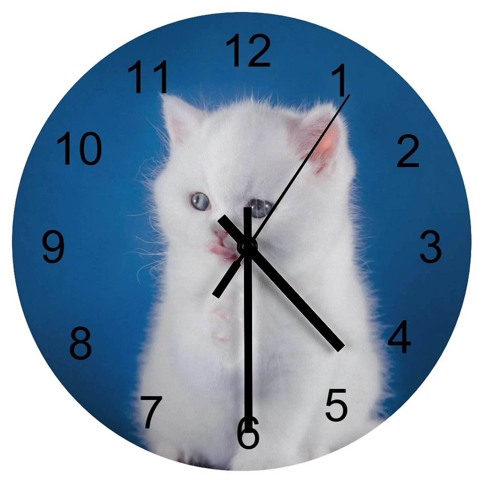 

Bedroom Wall Clock Pure white cute kitten Clocks 12 inch Mute Wood Round Patterned Rotating Display Fantasy Home