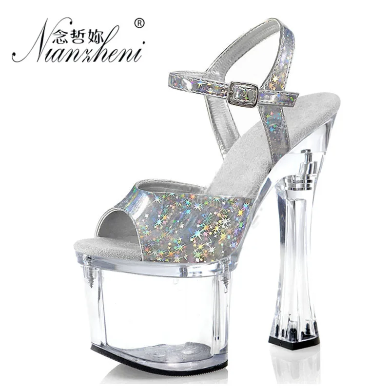 

Novelty Sexy Fetish Shoes Crystal Clear Women's Sandals 8 inches High Heels 20CM Exotic Silver polychrome bride pole Dance show