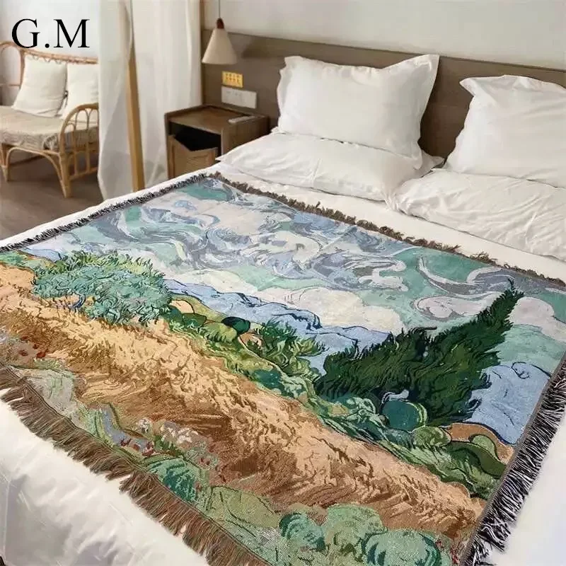 

Wheat Field with Cypress Woven Throw Blanket Painting Wall Hanging Tapestry Blankets for Beds Chair Sofa Travel Camping Blanket