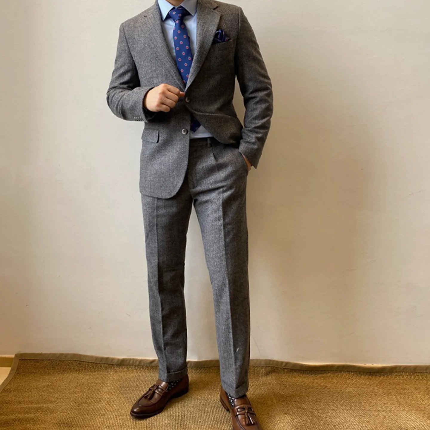大きいサイズのメンズ新作スーツセット、ヘリンボーン柄、高級感、成熟したスタイル、ビジネス通勤、多用途、着痩せ効果、カジュアルスーツ3点セット