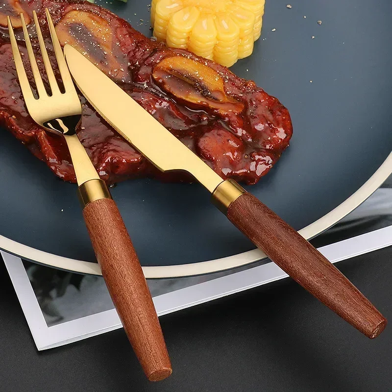 4pcs Wooden Handle Cutlery Set Stainless Steel Knife Fork Spoon Suit Sapele Wooden Western Flatware Dishwasher Safe Kitchen Item